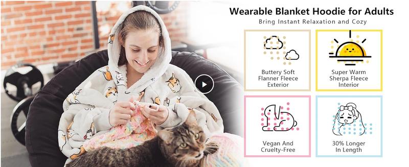 KFUBUO Wearable Blanket Hoodie for Adults Sherpa All Patterns Oversized Sweatshirt Blanket Pullover with Pockets for Women Springtok Womenswear Warm Gift blankets
