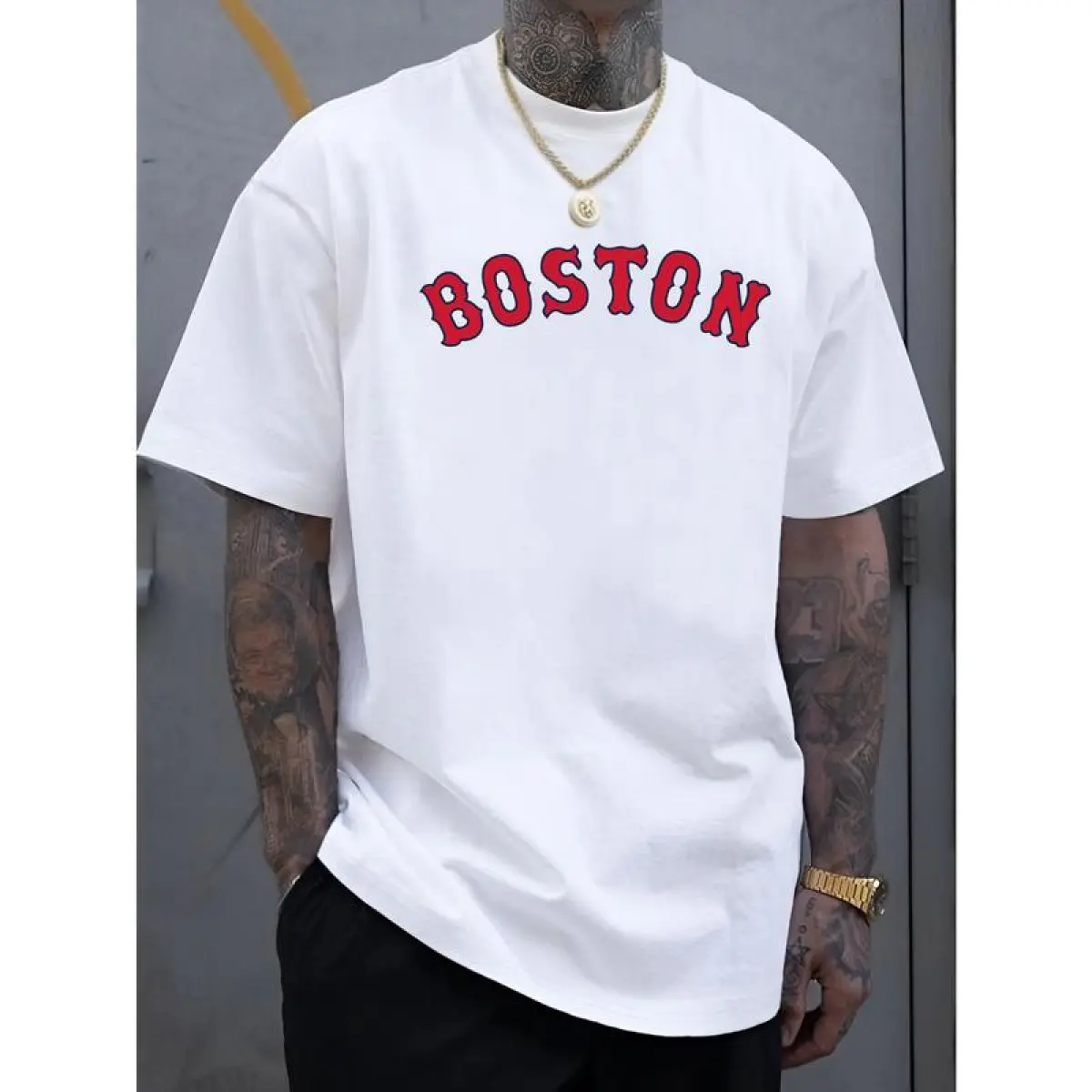 Men's Boston-Inspired Relaxed Fit Short-Sleeve T-Shirt - S-5XL, Soft Breathable Fabric, Cool Comfortable Stylish Letter Print, Conventional Version Leisure Style, Summer Wear