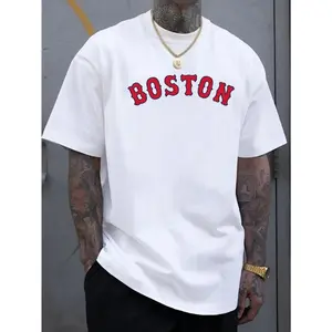 【S-5XL】Men's Boston-Inspired Casual Tee - Cool, Comfortable & Stylish Letter Print Short Sleeve Shirt for Summer, Boston-inspired, Casual, Summer, Conventional Version, Leisure Style, Four Seasons