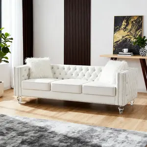 Velvet Three-Seater Sofa with Buttons and Square Arms, 83.07 Inch Tufted Three-Seat Sofas with Trimmed Nailhead and Acrylic Legs, Modern Couches for Living Room (Crystal Legs, Sofa)