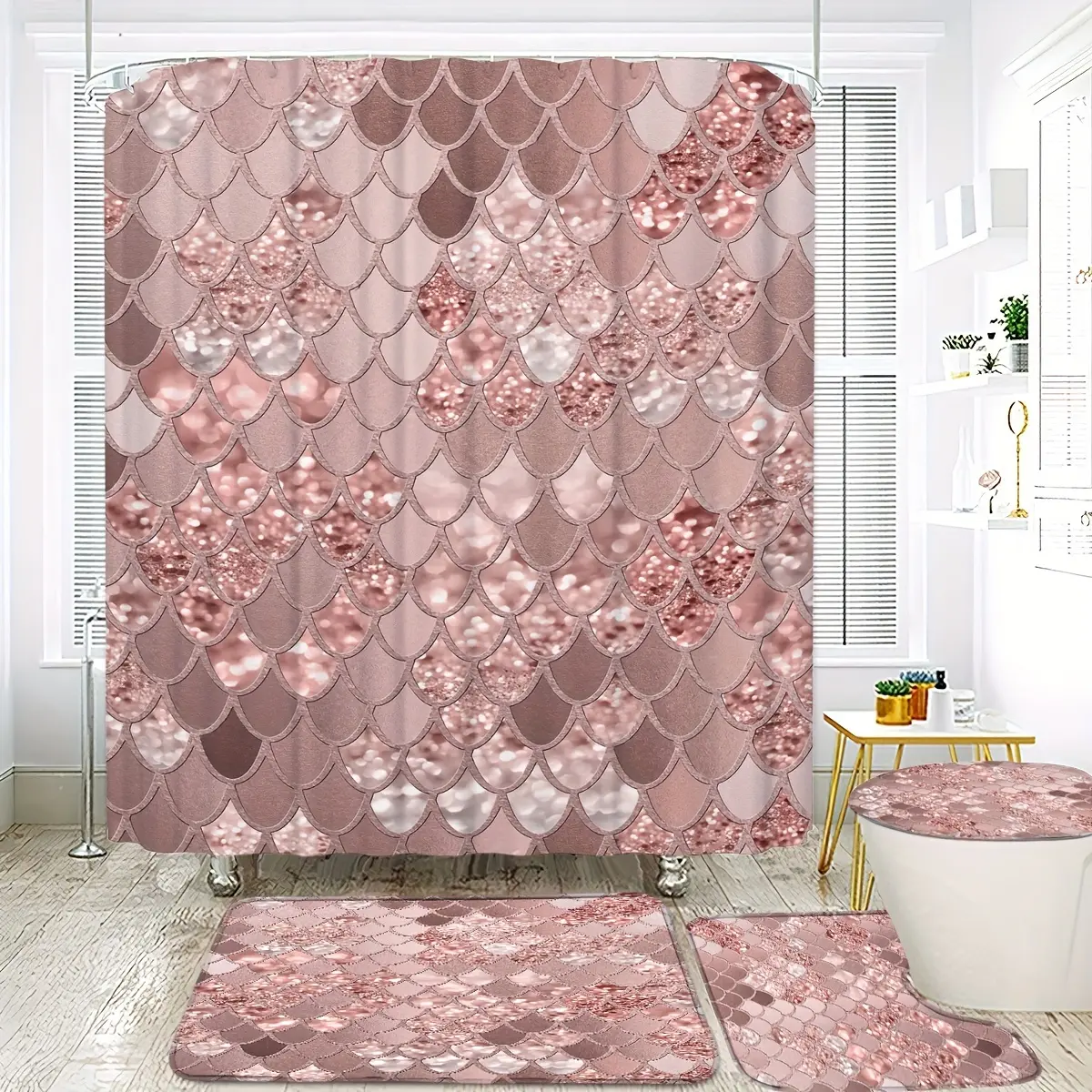 HOT Luxurious Sparkling Rose Golden Sequin Pattern Shower Curtain Set with Bath Mat  U-Shaped Pad  and Toilet Lid Cover  Water-Resistant Polyester Bathroom Decor with 12 Free Hooks  All-Season  Machine Washable  Unlined  Knit Weave Shower Ensemble