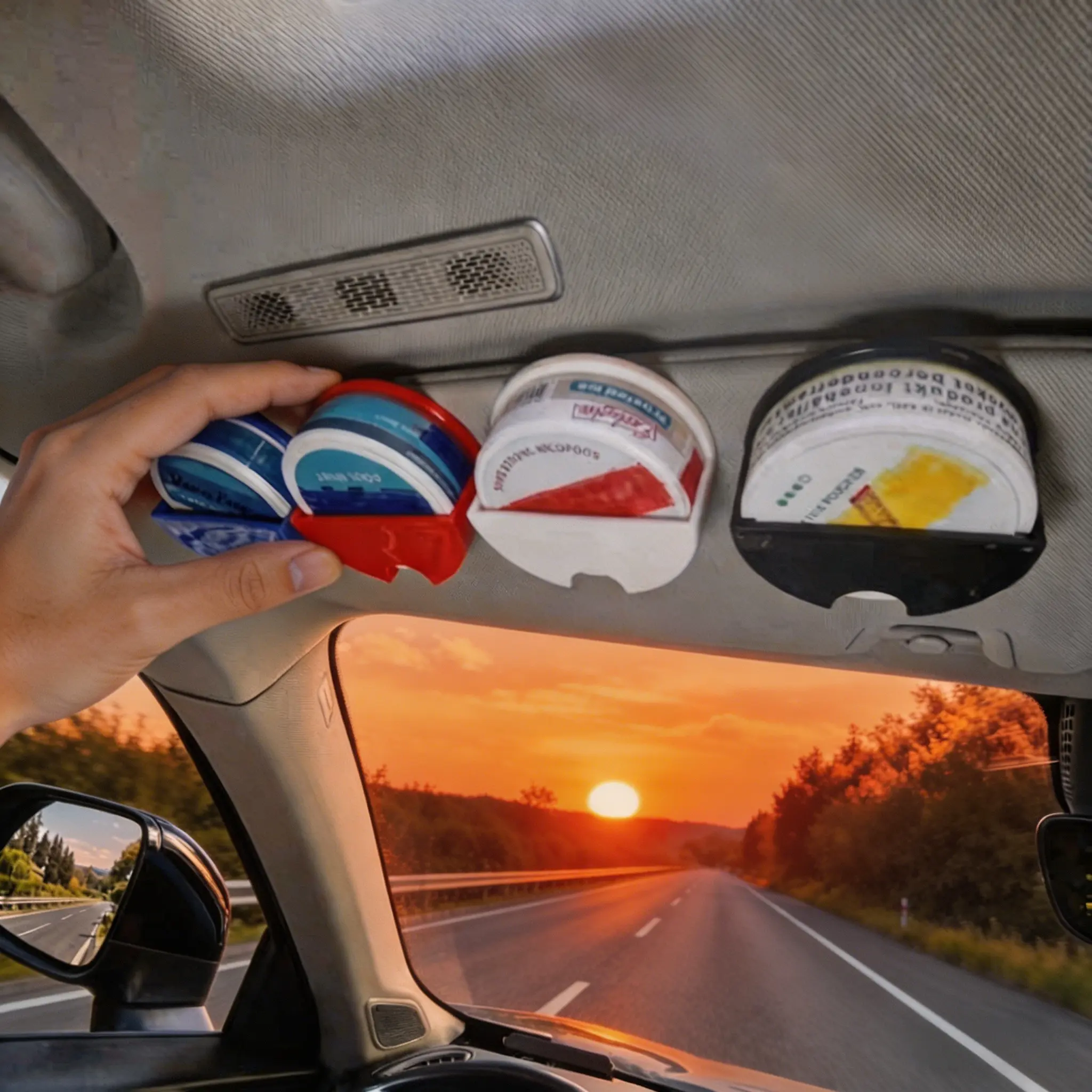 (FS) Upgraded Car Visor Dip Can Holder - Car Interior Organizers, Stronger ABS Build, Bigger Fit, Sleek Finish, Tool-Free Mount, Quick Access for Round Cans & Major Nicotine Pouch Brands (ZYN, VELO, ZONE, PABLO, KILLA, FOX), Vehicle Organizer