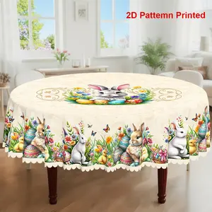 1pc, Easter Themed Party Tablecloth, Spring Summer Butterfly Chick Colored Eggs Rabbit Tulip Flowers Printed Design, Rectangular/Round/Oval Table Cloth, Embossed Edges, Suitable For Picnic Dinner Kitchen Dining Room Decoration