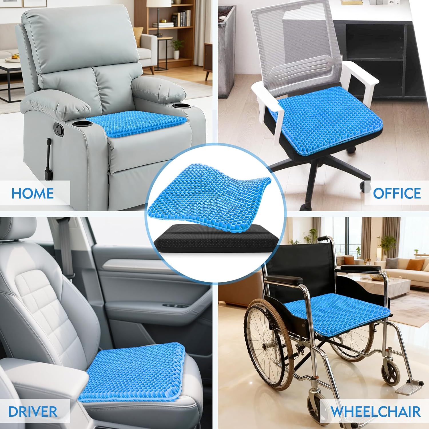 Plus Size Gel Cushion for Long Sitting, Breathable Honeycomb Pressure Relief Pad for Office Chair, Car & Wheelchair (Plus Size - Blue)