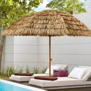 ARCH 8ft Thatch Patio Tiki Umbrella Tropical Palapa Raffia Straw Umbrella for Beach Poolside Garden Outdoor, Half Circle Brown Oxford Fabric Manual Tilt, Easy Open, Rustproof Steel Pole, No Foundation Needed, Year-Round Use, Brown Color Options