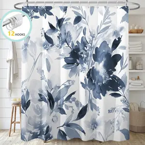 Floral Fabric Shower Curtain with Hooks, 13-Piece Watercolor Plant Leaves Bathroom Curtain, 72" x 72", Blue