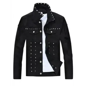Men's Punk Style Distressed Denim Jacket With Rivets, Button- Trucker Jean Coat, Long Sleeves, Casual Fit - Cotton Blend, Edgy Outerwear | Studded Casual Jacket | Durable Fabric Jacket