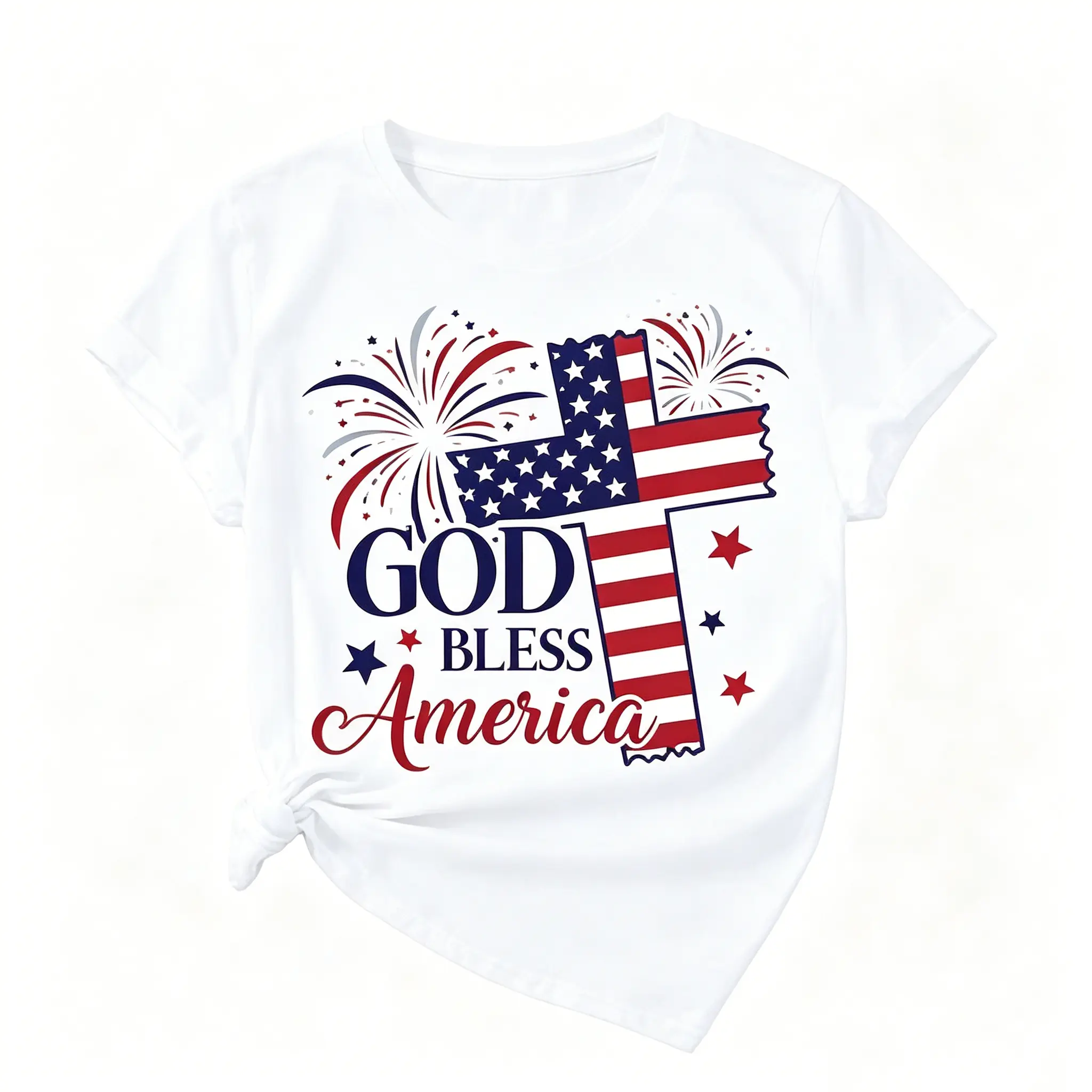 American Independence Day T-shirt womens patriotic god america graphic t retro vintage american flag fireworks print soft brea able sleeve round neck casual tee for casual attire american flag clo es white -1 tokwear Tee Top Womenswear