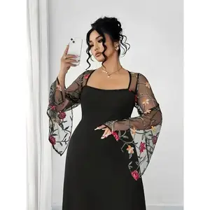Plus Size, Plus Size Women's Elegant Black Rose Embroidered Square Neck Dress with Lace Sleeves & Sheer Cape Cuffs, Long Sleeve H-Silhouette Formal Party Wedding Guest Dress, Wedding Dresses, Event Attire, Seasonal Fashion, Floral Embroider