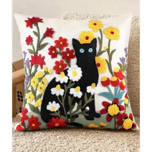 Embroidered Throw Pillow Cover - 18x18 Decorative Pillow Cover with Zipper Aesthetic Cute Design Boho Spring Summer Throw Pillowcase for Living Room Couch Sofa Bed, Flower Cats