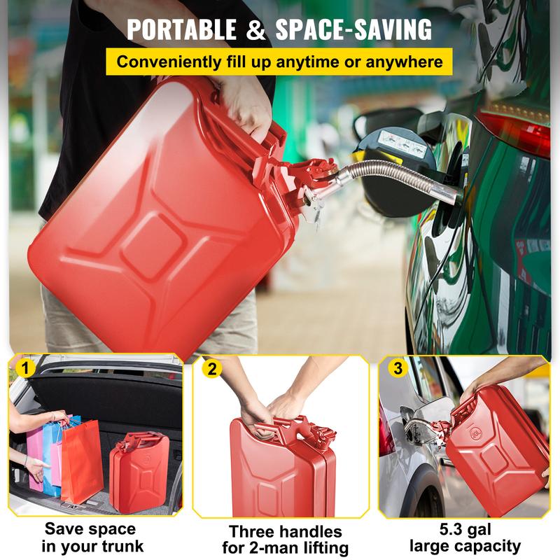 VEVOR Jerry Fuel Can, TikTokShopBlackFriday, 5.3Gal / 20L Portable Jerry Gas Can with Flexible Spout System, Rustproof ＆ Heat-resistant Steel Fuel Tank for Cars Trucks Equipment Bottles Organiser VEVOR Super Brand Day