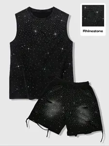 Y2K Street Style Rhinestone Top & Shorts Set, Unisex Hip Hop Trendy, Casual Summer Fitted Sportswear, Moderate Fabric, Fitted Silhouette