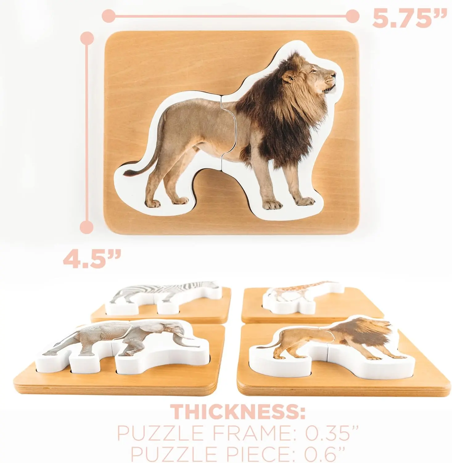 Wooden Montessori Animal Puzzles for Toddlers 2+ Years | Realistic Chunky Safari Animal Shape Puzzle | Educational Learning Toy