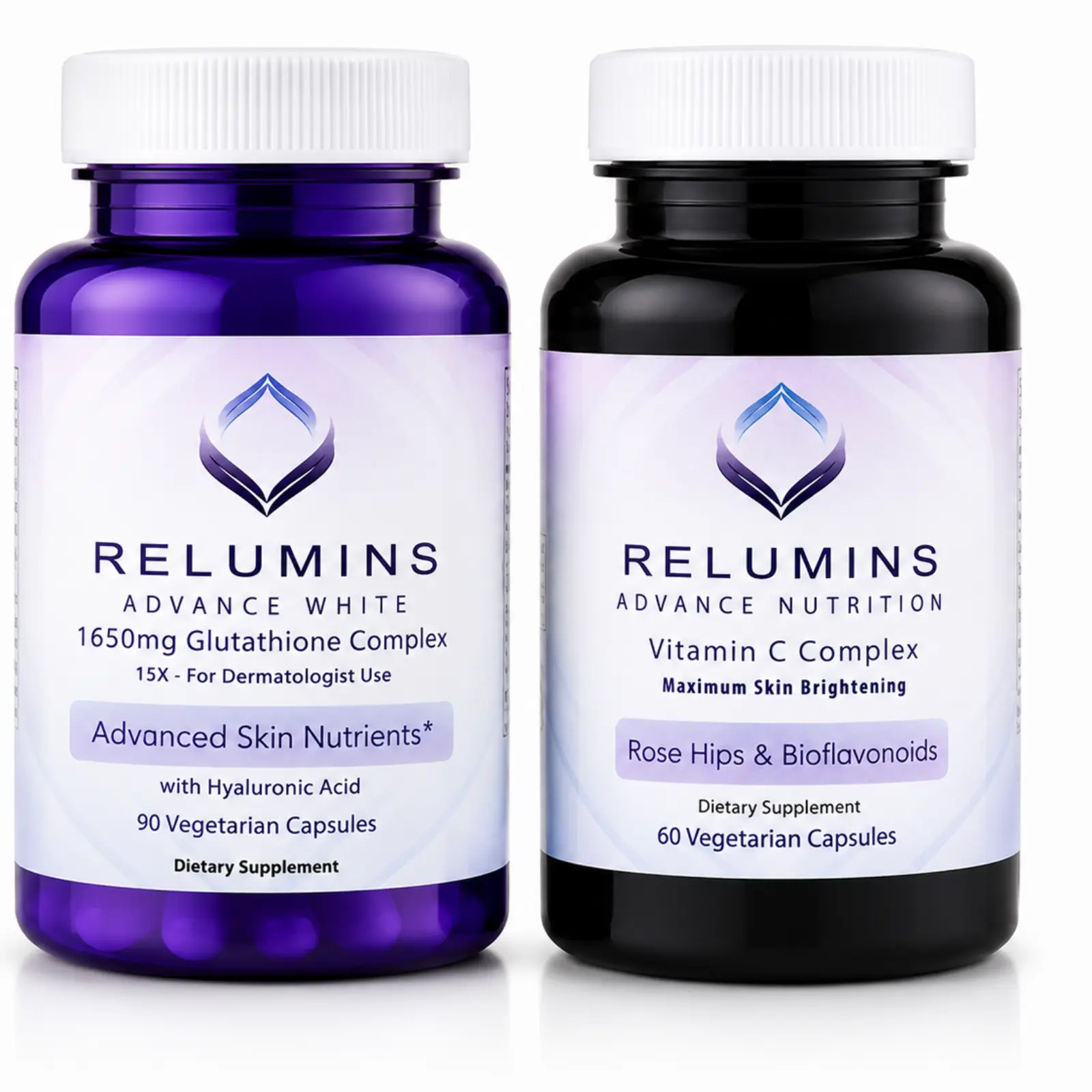 Relumins Advanced White Set - 1650mg Glutathione Complex (90 Capsules) and Advanced Vitamin C with Rose HIPS and Bioflavonoids (60 Capsules) Bundle, 1 Month Supply