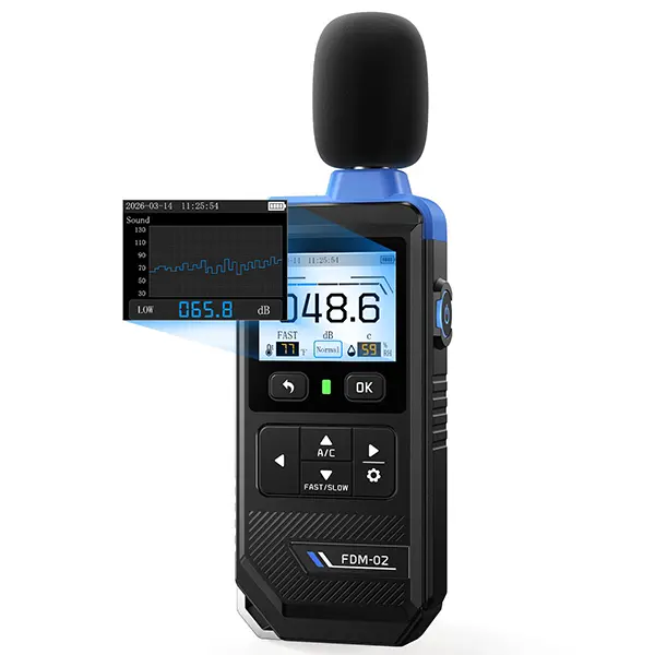 FNIRSI FDM-02 Professional Handheld High Precision Digital Noise Meter (30dB-130dB, A/C Weighted) with Built-in Cells, Temperature Display, Humidity & Time Date Displays for Home Use