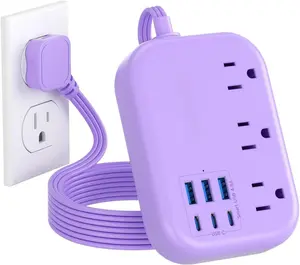 6 USB Power Strip- Purple Power Strip with 3 Outlets and 6 USB(3 USB C) 4.8A  Ports for  15, 5 FT Purple Extension Cord, Slim Flat Plug for Cruise Ship Essential, Office Dorm.