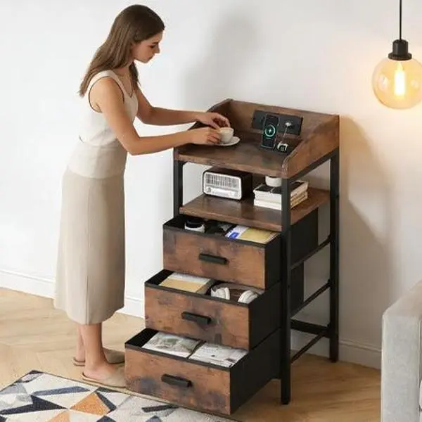 Rustic Brown Adjustable Farmhouse Bedside Table (Nightstand) - Sturdy All-Metal Frame, 3 Fabric Drawers, 2-Port USB Charging Station, Polished Finish, Compact Dual-Use Design, Easy Mobility, Quick Setup Bedroom Storage Table, Adjustable Bedside Table