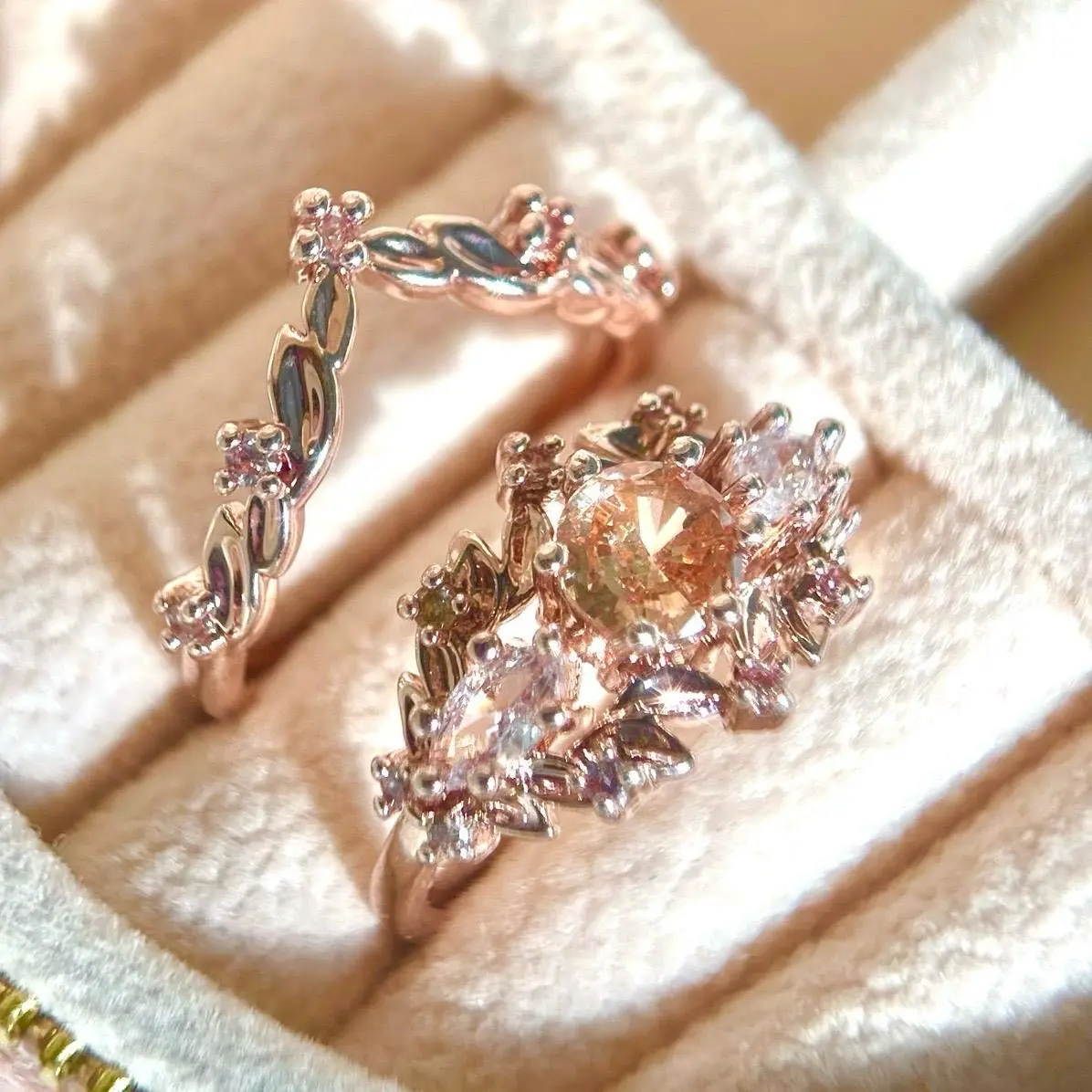 STAR WISH Women's Champagne Fairy Gemstone Wedding Ring Sets - Bridal Rose Flower Design, Radiant Cut, Engagement & Promise Jewelry for Brides, Bridal Rings, Elegant And Refined, Rose Flower Ring