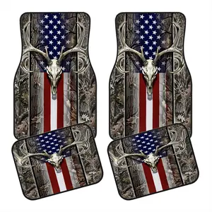 4pcs Deer Skull American Flag Car Floor Mats, Automotive Floor Mats, Non-Slip Polyester, Durable Absorbent, Easy to Clean, Suitable for Trucks Vans Suvs