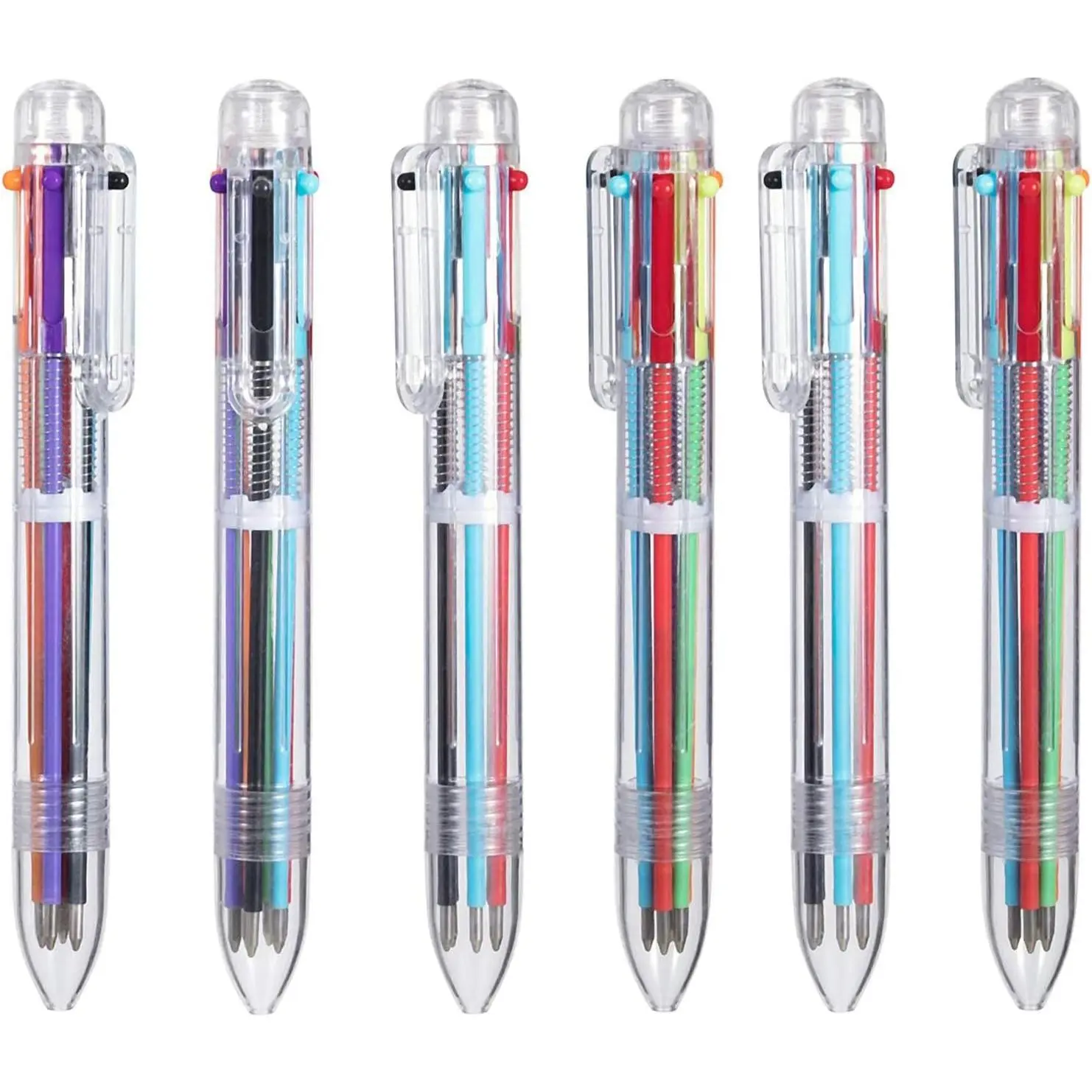 6 Pack Multicolor Pens 0.5mm 6-in-1 Retractable Ballpoint Pens 6 Colors Transparent Barrel Ballpoint Pen for Office School Supplies Students
