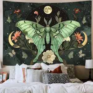 Green Butterfly Moon moth Flower Tapestry Boho Floral Plant moth Tapestries for Bedroom Aesthetic Tapastry's Wall Hanging Mandala Botanical Wall Tapestry for Living Room Dorm 71X60