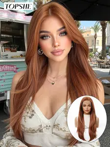 Topshe 13x6 Lace Front Synthetic Wig,Auburn Scandi Hairline Lace Front Wig | Long Silky Straight Human Hair Blend Wig | Invisible Lace, Glueless Frontal Wig