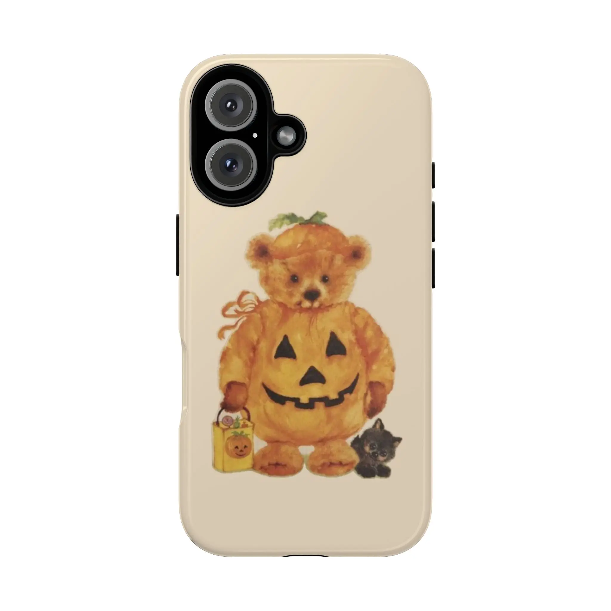 Vintage Halloween Teddy Bear Tough Phone Case, Cute Pumpkin Costume Black Cat Glossy Protective Cover, Fall Aesthetic iPhone Case