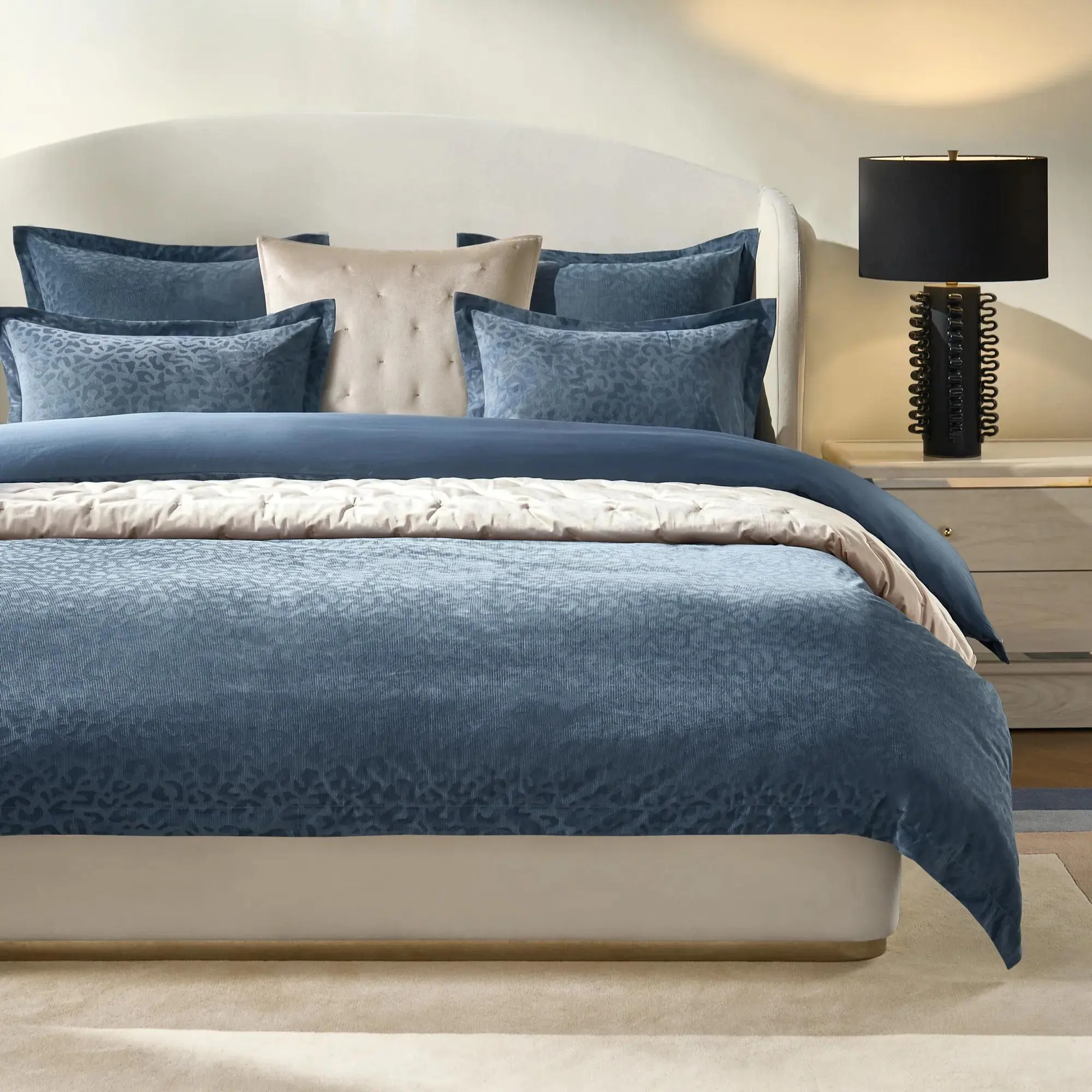 Z Gallerie Leopard Animal Print Dusty Blue Cotton Corduroy Velvet Bedding Set - Contemporary, Corduroy Texture, Flanged Edge, Ideal for Modern Bedrooms