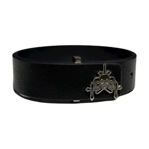 VLNMADE Black Leather Bracelet with Skull & Cross Charm