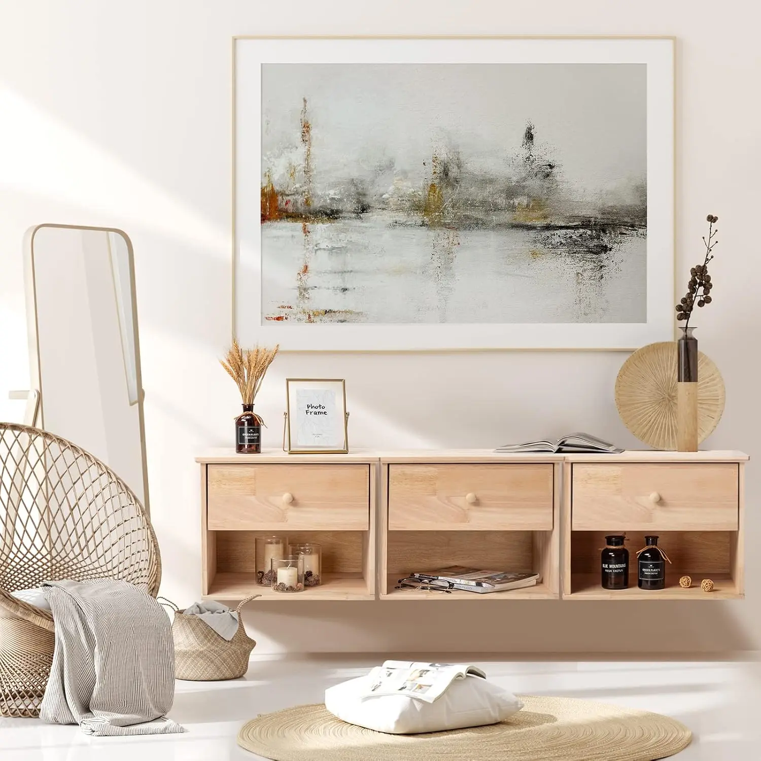Unfinished Natural Solid Wood Floating Nightstand for Bedroom Set of 2, Small Nightstand with Drawer & Open Shelf, Farmhouse Night Stand Wall-Mounted Bedside Table for Small Space Color DIY