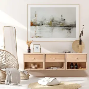 Unfinished Natural Solid Wood Floating Nightstand for Bedroom Set of 2, Small Nightstand with Drawer & Open Shelf, Farmhouse Night Stand Wall-Mounted Bedside Table for Small Space Color DIY