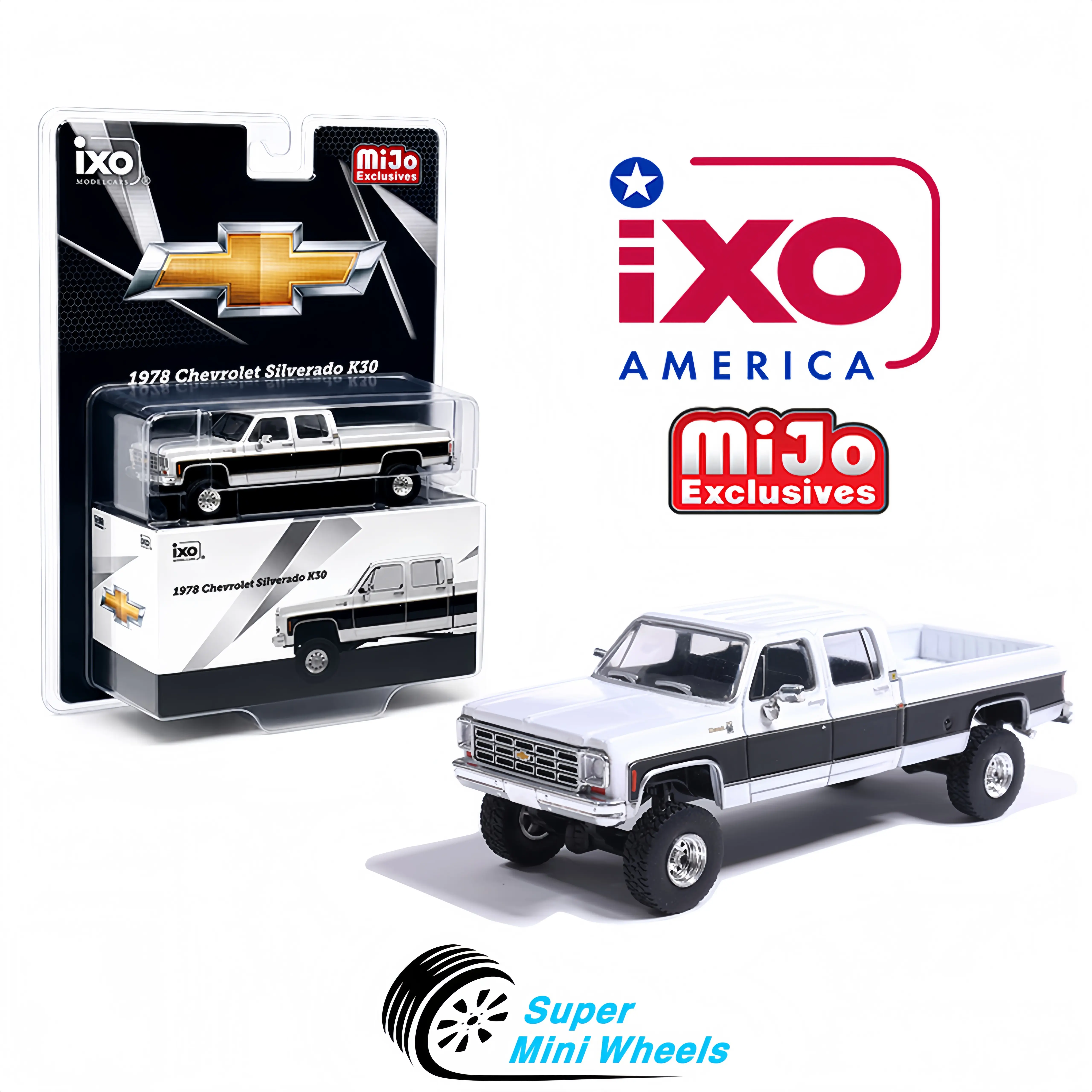 IXO Model 1:64 1978 Chevrolet Silverado K30 Crew Cab Whitelack White/Black