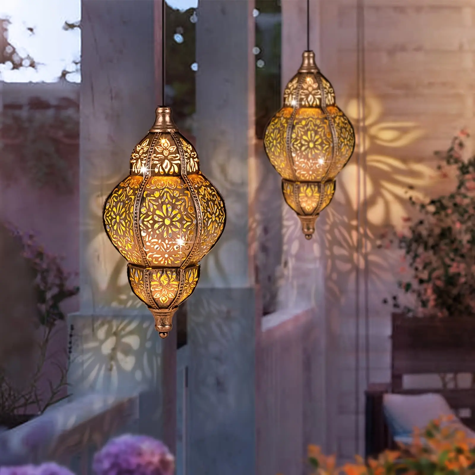 27.17 inch solar powered outdoor waterproof pendant light, iron hollow projection lantern, porch decorative light, suitable for courtyard, garden decoration, lawn, terrace, corridor