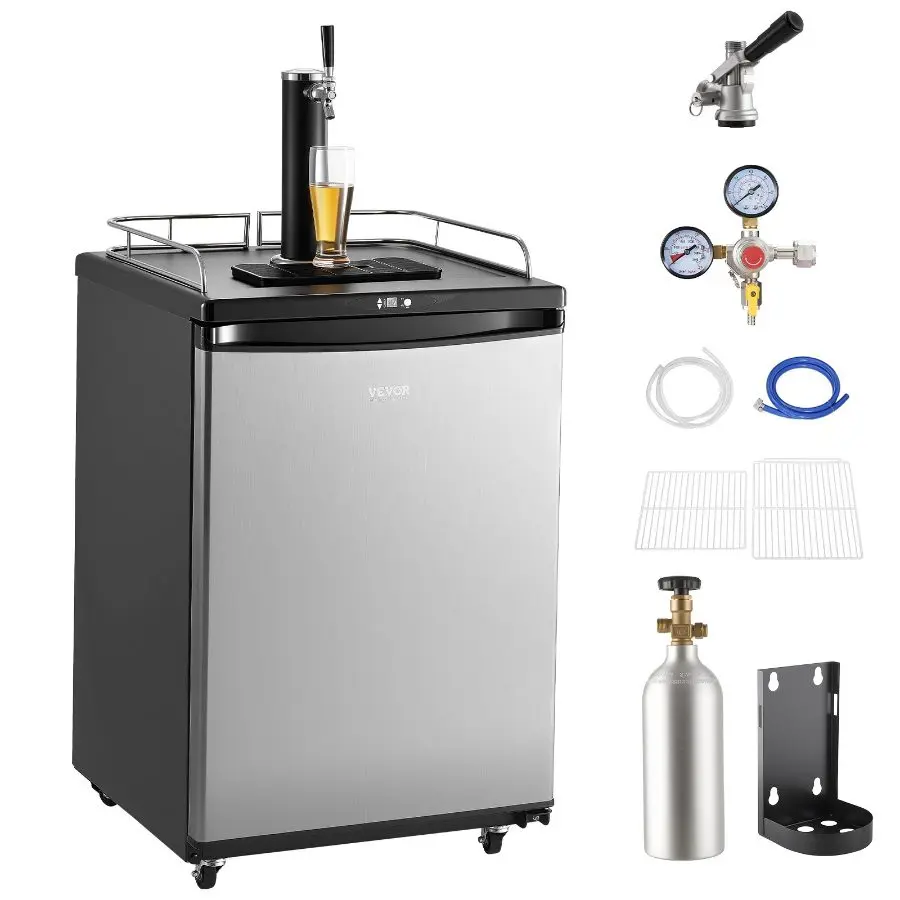 VEVOR Single Tap Draft Beer Kegerator, Full Size Cooling Dispenser Refrigerator with Shelves, CO2 Cylinder, Drip Tray Rail, 32F-75.2F Temp Control, Holds 1/6,1/4,1/2 Barrels, Silver