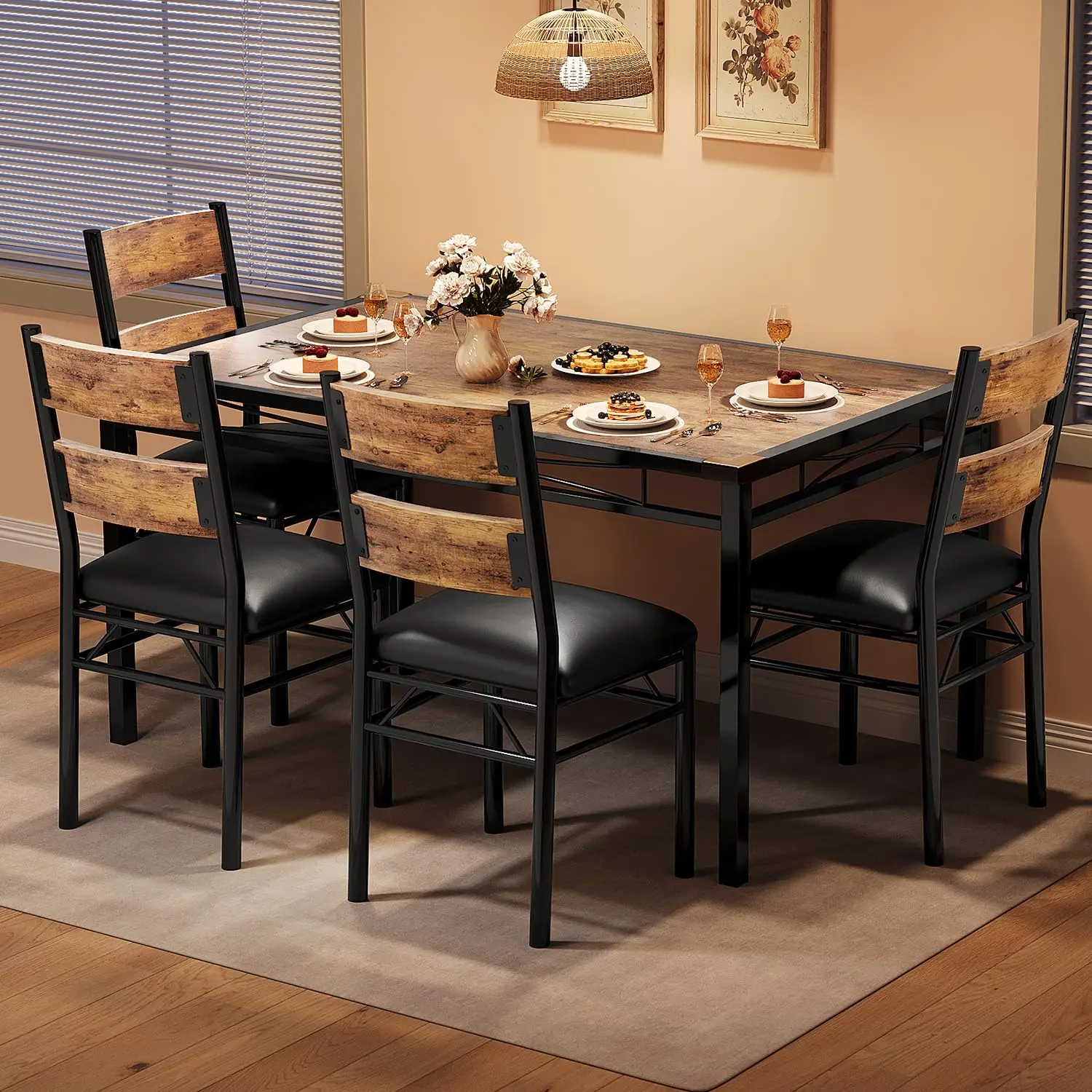 YJ-Garvee Wood Dining Table Set for 4 with Upholstered Chairs, Kitchen Table Chairs Set of 4 with Corner Protector, Dining Room Table Set for 4, for Kitchen, Apartment, Retro Brown