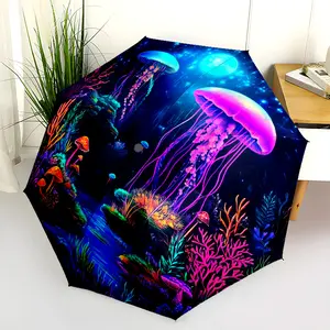 1 PC Automatic Folding Umbrella - Neon Jellyfish Coral Reef Night Scene Pattern, Portable & Foldable Design with 8 Ribs, Merry Christmas Pattern,Casual Outdoor Accessory Halloween and Christmas Birthday Gifts. H00172