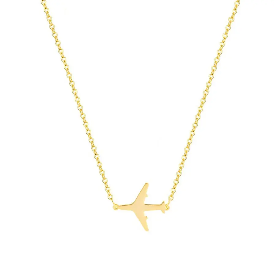Women's Gold Plated Airplane Pendant Clavicular Necklace - Dainty Minimalist Design, 0.76 Inches High Adjustable Lightweight Gold Chain Necklace, Memorial Day Fashion Costume Jewelry Accessory, 0.09 Ounces