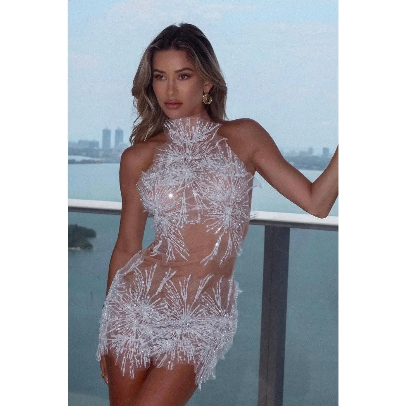 Jessica Bara Cady Rhinestone Pearl Mesh Mini Dress