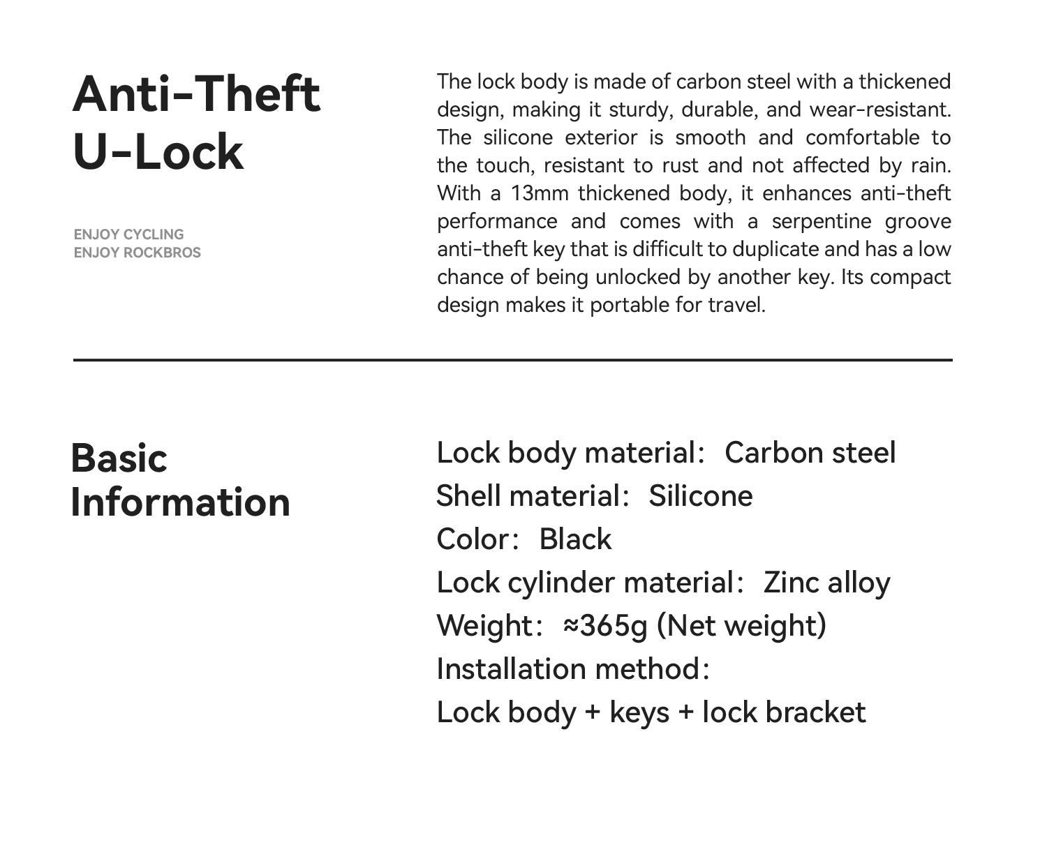ROCKBROS Heavy Duty Bike U-Lock, Hardened Alloy Steel Anti-Theft Double Shackle with Loop Cable, Mounting Bracket, 2 Copper Keys, Rust-Resistant Silicone Coat, Easy Installation, Ebike Accessories for Scooters, Prolongs Lock Life