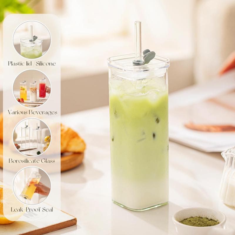 8 Sets Glass Cups with Lids & Straws, Square Ribbed Drinking Glasses with Lids, Clear Highball Tumblers for Cocktail, Coffee, Juice, Beer, Modern Mixed Drinkware Jars