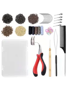 Hair Extension Tool Kit, 500 Silicone Lined Micro Beads, 1 Plier, 1 Threader, 1 Crochet Hook, 10 Curved Hair Pins, 5 Hair Clips, 5 Rolls of Sewing Thread, 1 Pack of Rubber Bands and 1 Storage Box, Beginner's Hair Extension Starter Set.