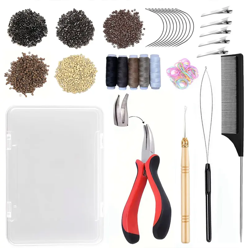 Hair Extension Tool Kit, 500 Silicone Lined Micro Beads, 1 Plier, 1 Threader, 1 Crochet Hook, 10 Curved Hair Pins, 5 Hair Clips, 5 Rolls of Sewing Thread, 1 Pack of Rubber Bands and 1 Storage Box, Beginner's Hair Extension Starter Set, Hair Tools