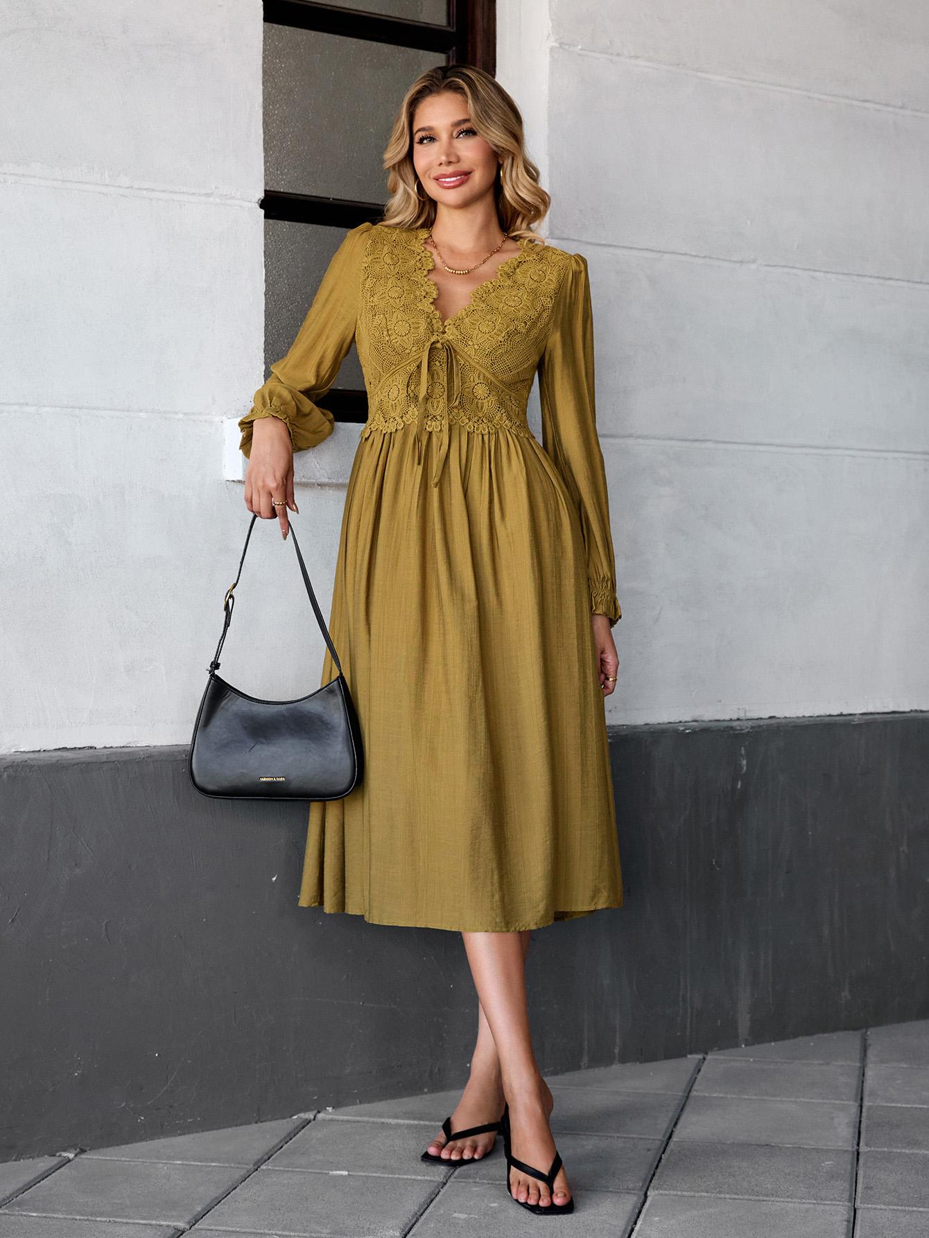 Chicovar Women's Boho Maxi Dress Lace V Neck Puff Sleeve Vintage Flowy Dress for Spring Date Nights, Easter dress,Vacation & Party, Festive Holiday Dress for Christmas | Low Iron Care