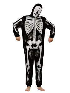Adult Unisex 3D Skeleton Onesie - Plush Velvet Hooded Jumpsuit with Zip, Halloween Costume Menswear Cosplay Spooky