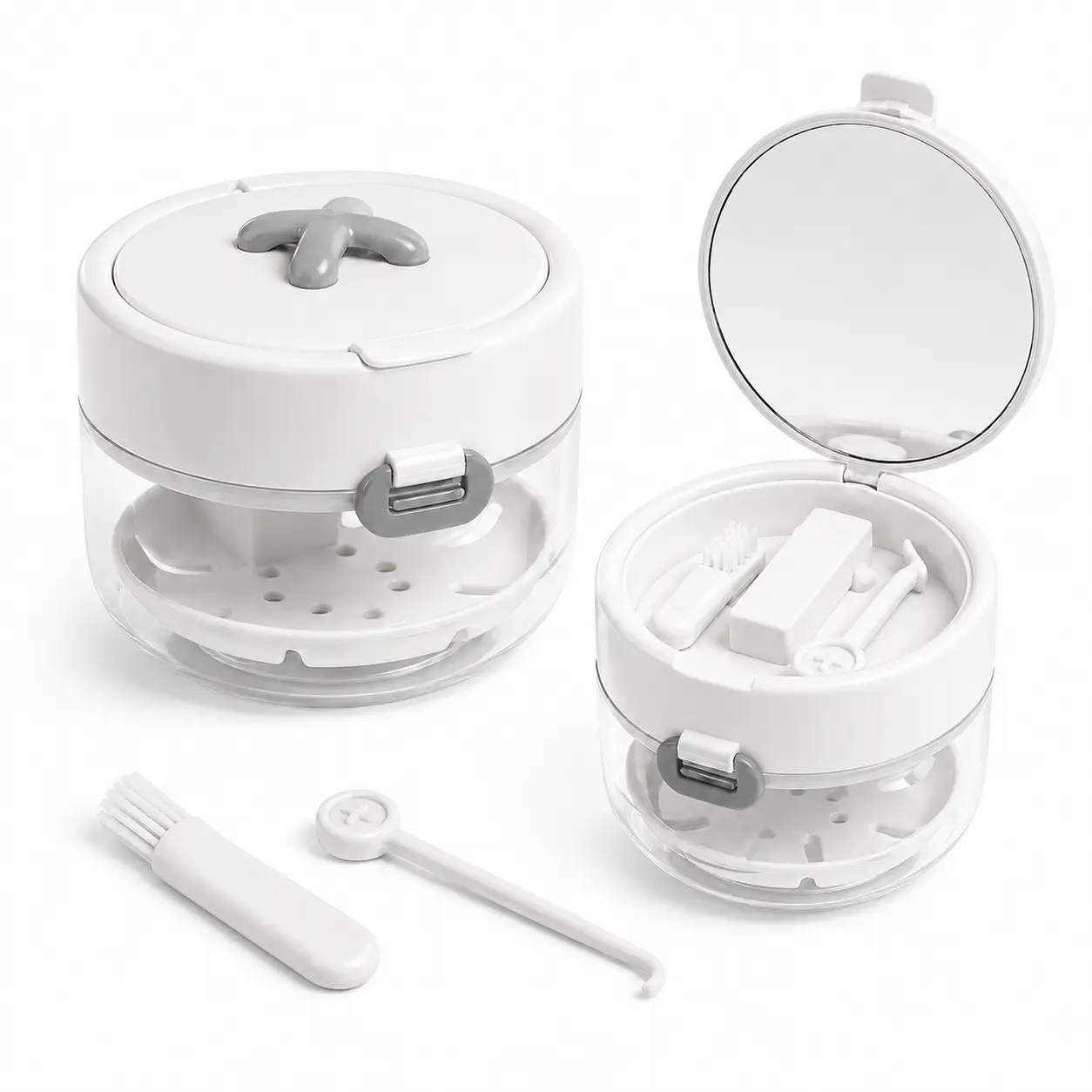 3-in-1 Retainer Case with Mirror and Cleaning Brush, Portable Retainer Case with Mirror, Aligner Storage Box with Drain Tray Remover Tool and Separate Compartments for Travel Daily Use