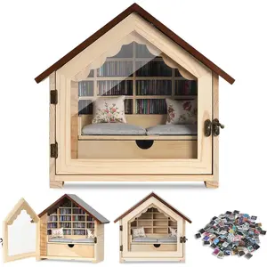 Anxiety Bookshelf, 300 Pcs Mini Books Bookshelf Decor Display for Stress Relief and Fun Decor Mini Ornament Shake Away Your Anxiety Miniature Library Gifts for Book Lovers (Natural Wood)
