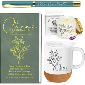 4 Pcs Chaos Coordinator Thank You Gift Set for Women Men, Including Notebook Coffee Mug Scented Candle Ballpoint Pen for Teacher Nurse Boss Office Coworker Staff Graduation, Green