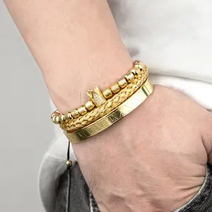 Men's 3-Piece Hip Hop Bag Accessory Charm Set - Steel Crown Charm Bangle with Roman Numerals, Braided Rope Chain for Streetwear