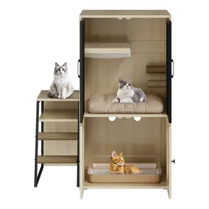 Grey  Double Cat Litter Box Enclosure Furniture Cat House for Multiple Cats Hidden Cat Litter Cabinet for 2 Cats – Doors, Ladder, Spacious Storage