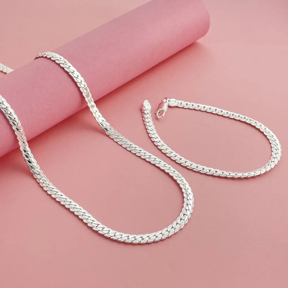 925 Sterling Silver Chains Set, 5mm Flat Herringbone Necklace and Bracelet for Men and Women, Fashion Party Accessory Gift, Accessory Set, Flat Chain, Jewelry Set